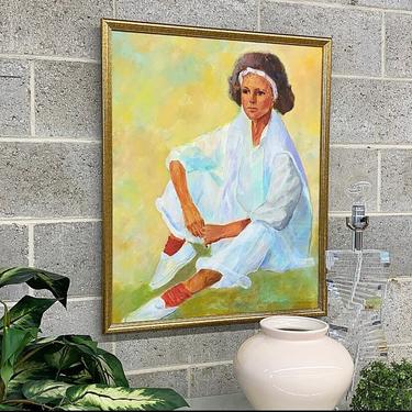 Vintage Portrait Painting 1980s Retro Size 32x26 Contemporary + Woman Sitting + Mall Walker Outfit + Pastel Colors + Acrylic on Canvas + Art 