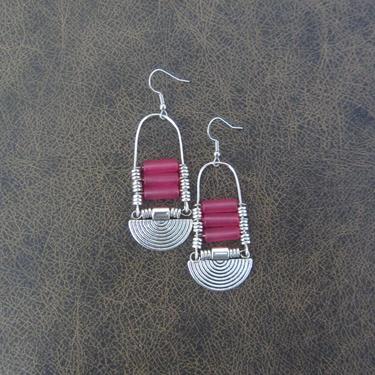 Pink sea glass earrings, chandelier earrings, statement earrings, bold earrings, etched metal earrings, tribal ethnic earrings, chic 