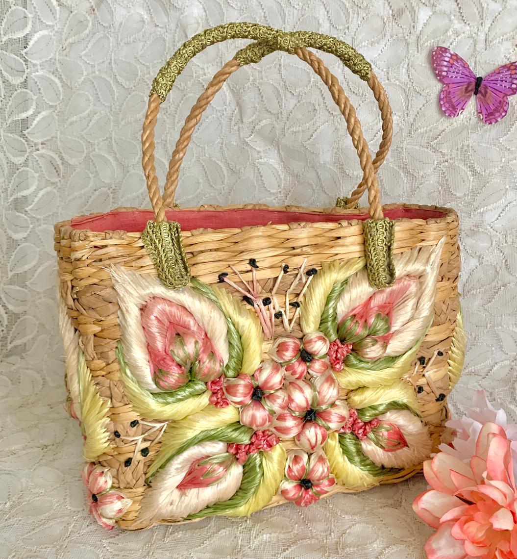 Woven Straw Raffia Purse, Floral, Butterfly, Vintage Handbag ...