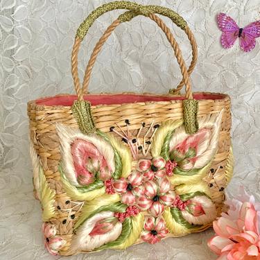 Woven Straw Raffia Purse, Floral, Butterfly, Vintage Handbag, Philippines, 50s 60s 