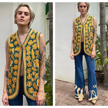 Vintage Hippie Vest / Stunning yellow and Green Embroidered Long Cotton Vest / Jimi Hendrix Haute Hippie Waist Coat / Bohemian Dreams 