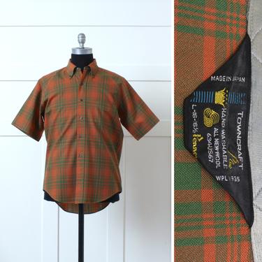 mens vintage 1960s - 1970s short sleeve wool shirt • orange & plaid button down • Penney's Towncraft Japan 