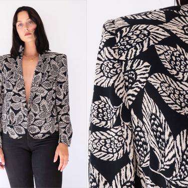 Vintage 80s Sonia Rykiel for 24 Woman France Black & Ivory Leaf Print Cropped Single Button Jacket | Made in France | 1980s Designer Jacket 