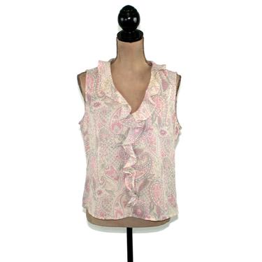 Paisley Chiffon Blouse Large, Ruffle V Neck Sleeveless Boho Summer Top, Mint & Pink Pastel, Romantic Clothes Vintage Clothing Women Size 12 