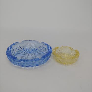 Vintage Cut Glass Pair of Ashtrays - Yellow and Blue Glass Ashtray Dishes 