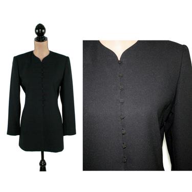 Fitted Black Blazer Women Small, Longline Jacket Collarless with Knot Buttons, Y2K 90s Minimalist Clothes, Vintage Clothing by Kasper Size 4 