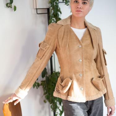 Vintage Christian Dior Y2K Nude Lambskin Shearling Jacket with Heart Pockets sz 38 S Cargo Suede Moto Galliano 