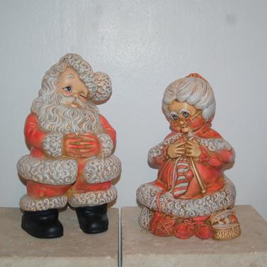 Vtg Mr and Mrs Santa Claus Atlantic Mold Ceramic Figures Lg 14&amp;quot; ~ Atlantic Mold Ceramic Winking Standing Santa &amp; Sitting Knitting Mrs. Claus 