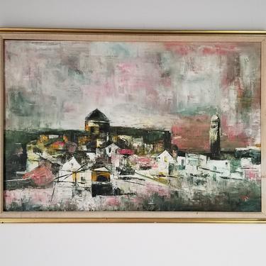 Mid-Century Mak Impressionist Cityscape Oil Painting , Framed. 