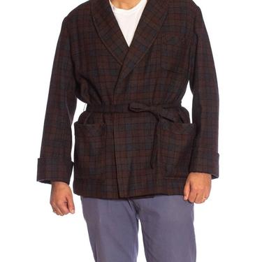 1920S Brown  Grey Wool Plaid Men's At Home Smoking Jacket 