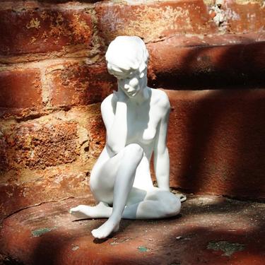 Vintage Signed W. Gawantka Kaiser Nude Woman In Meditation Porcelain Figurine #489, German Matte White Porcelain Bisque Statue, 9&quot; H 