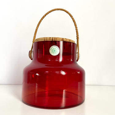 Large Vintage Takahashi Ruby Red Glass Canister with Cork Stopper and Wicker Handle 