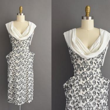 1950s vintage dress | Beautiful Black &amp; White Floral Cocktail Party Bridesmaid Summer Wiggle Dress | Medium | 50s dress 