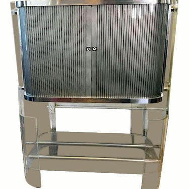 SALE: 1960s Chrome Lucite and Steel Tambour Door Dry Bar With Cobalt Glass Interior 