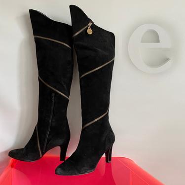 Stuart Weitzman OTK &quot;Pirate&quot; Boots • Black Suede Leather Diagonal Zippers • High Heel • Couture • Runway • Fashion • Designer • Size 7 • 