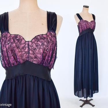 1950s Black & Lace Nightgown | 50s Black Illusion Top Nightgown | Dutchess of California | Medium 