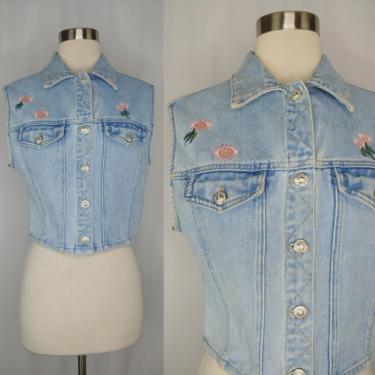 Vintage Nineties Light Wash Denim Embroidered Vest - 90s Ki-ko-mo Medium Jean Sleeveless Vest with Floarl Embroidery 