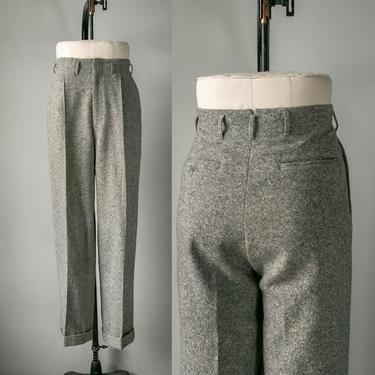 1950s Pants Fleck Wool High Waist Menswear Trousers S 
