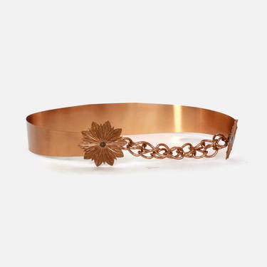 Vintage 50s COPPER Belt/ 1950s Floral &amp; Chain Closure Fitted Belt 