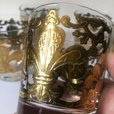 Mid Century Gold Fleur-De-Lis Cocktail Glasses, set of 5, Elegant Barware 