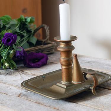 Vintage brass chamberstick with snuffer / brass candle holder / finger candle holder / vintage taper candlestick  holder / rustic decor 
