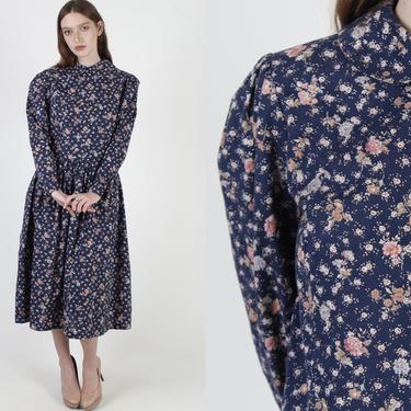 Vintage 80s Calico Floral Dress Scallop Collar Full Skirt Navy Cotton Midi Maxi Dress Large 