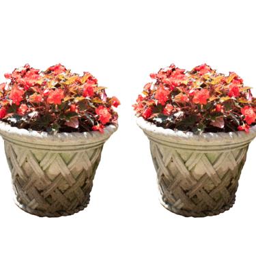 Detroit Garden Works Pair of Ceramic Flower Pots Planters w Basket Weave Design 