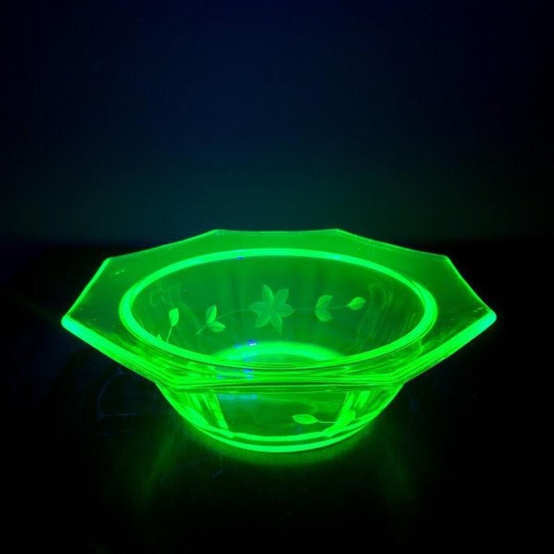 Vintage Etched Floral Uranium Glass Octagon Bowl | Over the Years ...