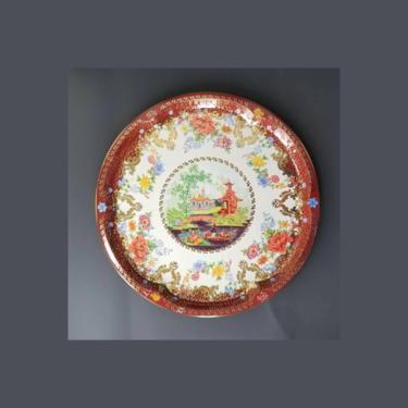Vintage Floral Daher Tin Tray / Chinoiserie Style Decorated Ware Tray / Large Cake Plate, Round Charcuterie Board / Decorative Metal Tray 
