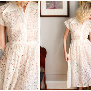 1940s Dress // Eyelet White Organdy Dress // vintage 40s Dress 