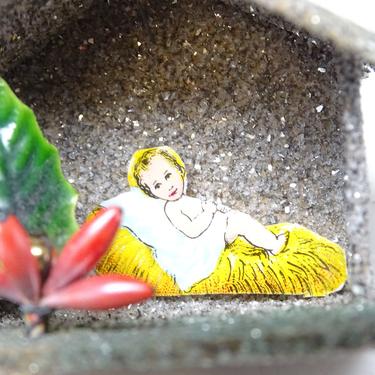 Vintage Baby Jesus in Manger Christmas House Ornament, Antique Glass Beads, Faux Holly 