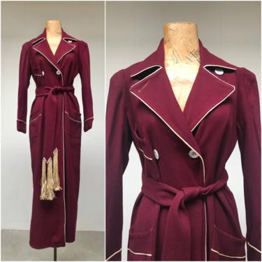 1930s 1940s Vintage Womens Wool Flannel Robe, Maroon Peaked Collar Dressing Gown, Fall-Winter Double Breasted Royal Robe, Small to Medium 