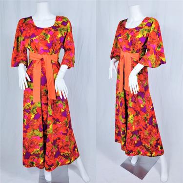 1970's Neon Orange Psychedelic Hawaiian Barkcloth Maxi Dress I Sz Med I Two Potato I Magyar Bell Sleeves 