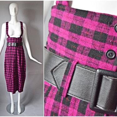 vtg 90s B'ways Jrs pink + black plaid tartan trim pencil jumper dress | long skirt overalls pockets holiday 1990s button down pattern dress 