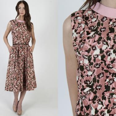 50s Pink Floral Print Dress / 1950s Colorful Day to Evening Dress / Garden Party Full Skirt Maxi Dress With Hip Pockets 