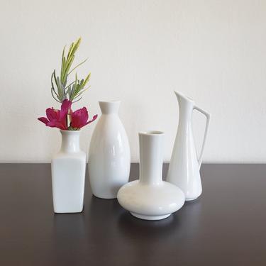 Vintage White Bud Vase Set of 4, Mixed Matched Shapes, Japanese Porcelain 