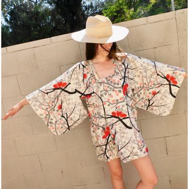Cherry Blossom Kimono // vintage mini dress boho floral hippie blouse top shirt jacket robe tunic 60s 70s // O/S 