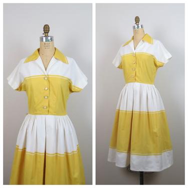 Vintage 1950s cotton fit and flare dress, color block, shirtwaist, yellow, striped, day dress, size small, medium 