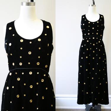 1960s Gold Button and Black Velvet Column Dress 