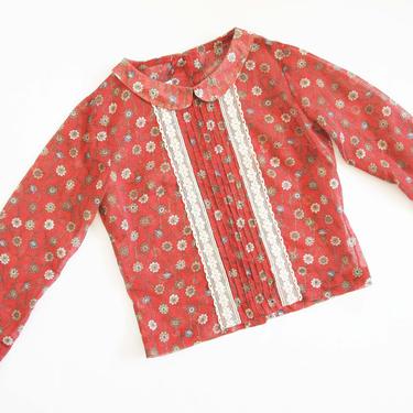 Vintage 60s Floral Blouse S - 1960s Floral Print Long Sleeve Top - Lace 60s Shirt  Rust Red Peter Pan Collar Blouse Button Back 
