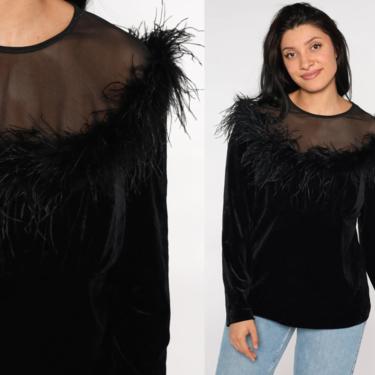 Feather Velvet Top Long Sleeve Shirt Black Velvet Blouse FEATHER TRIM 90s Gothic Illusion Neckline Sheer 1990s Party Club Extra Large xl 