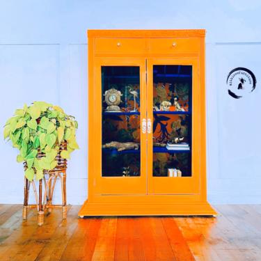 Neon Bookshelf/ Curio Cabinet on wheels / Glass doors/ Storage Cabinet / Bar/ Colorful entryway/neon furniture. 