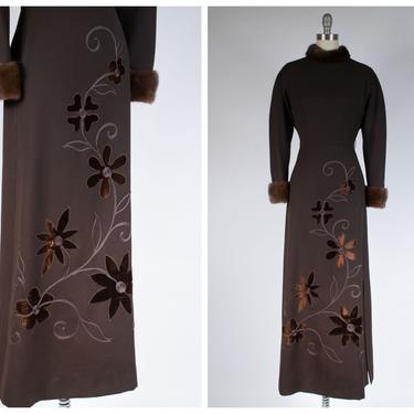 1960s Dress - Gorgeous Late 60s Vintage Bullocks Wilshire Fur-Trimmed Maxi Dress with Soutache and Velveteen Applique 