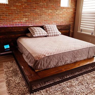 The Henslow - Wide Headboard Industrial Platform Bed from Reclaimed Wood with Built in Floating Shelves 