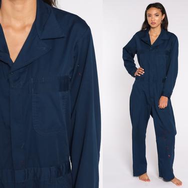 Blue Boiler Suit Long sleeve Coveralls Jumpsuit Pants Distressed Workwear Uniform 80s Boilersuit Work Wear Vintage 1980s Medium 40 