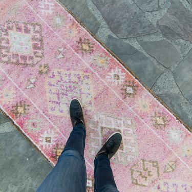 Vintage 2’10.5” x 12’6” Runner Hand Knotted Distressed Geometric Medallion Pink Wool Low Pile Runner - FREE DOMESTIC SHIPPING 