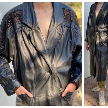 Vintage Leather Jacket / 1980's Long Leather Bomber / 1990's Oversized Leather Trench Coat / Black Leather Coat with Embossed Reptile Inlay 