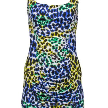 Milly - White &amp; Multicolor Leopard Print Sleeveless Ruched Bodycon Dress Sz M