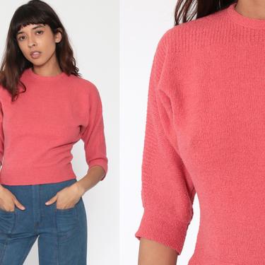 60s Sweater Top Pink Knit Shirt Wool Top Dolman Short Sleeve Sweater 1960s Mad Men Mid Century Vintage Small 