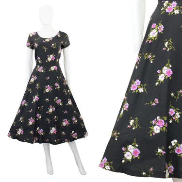 1950s Dark Floral Dress - 1950s Fit & Flare Dress - 50s Pansy Print Dress - Vintage Dark Floral Dress - 50s Black Floral Dress | Size Small 